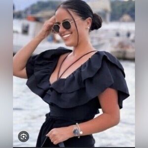 NWT Zara Size XL Black Ruffled Short Sleeve Bodysuit